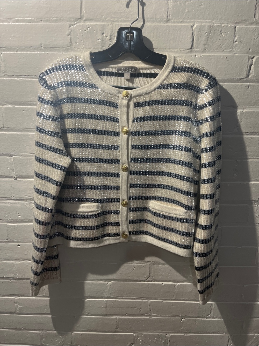 J. Crew Navy and Ivory Striped Gold-Button Sequin Cardigan